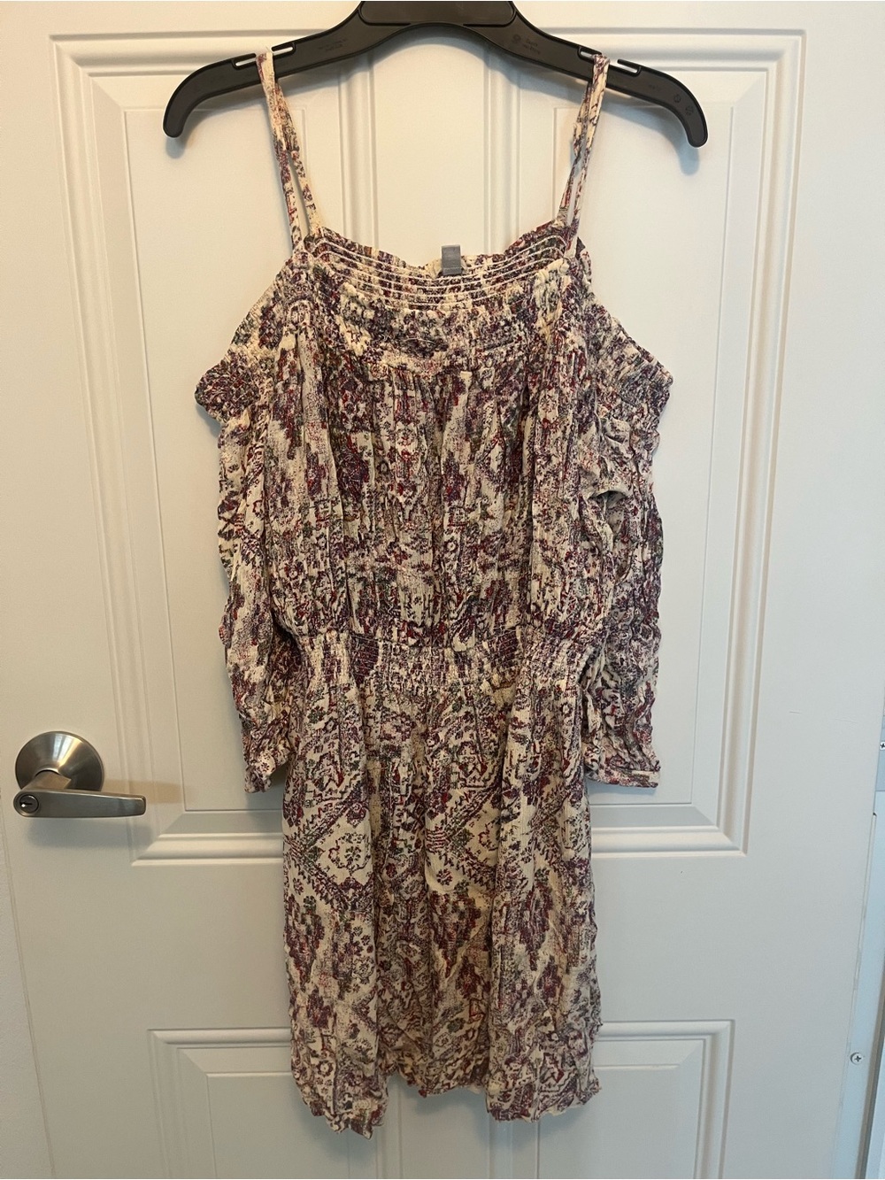 Boho Cold-Shoulder Floral Dress in Cream and Burgundy